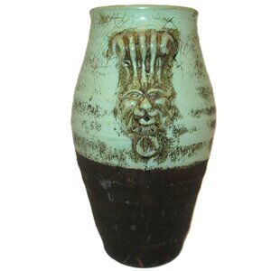 Greek flavored bluegreen tall flower vase open mouthed lions, circa 2000
